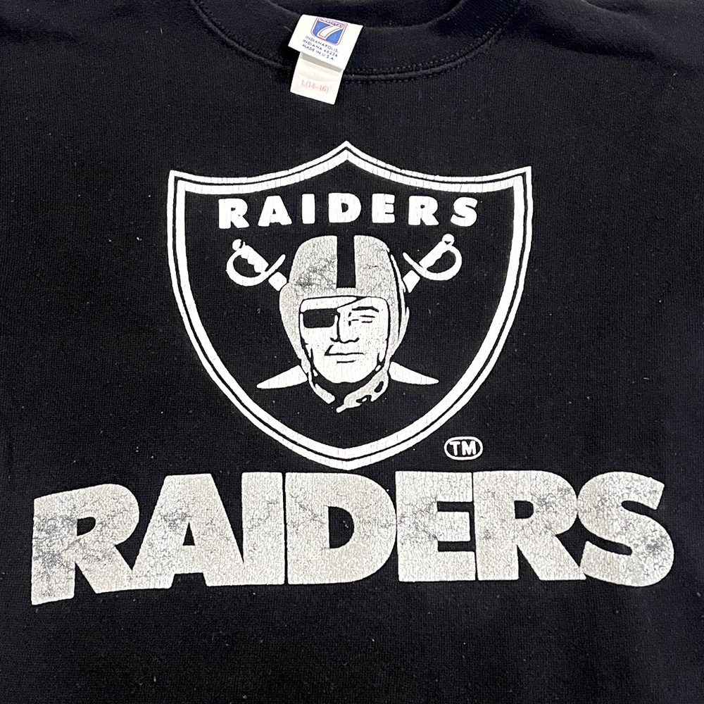 90s Vintage Raiders Football NFL Black Sweatshirt (“Boy Large 14-16”) - Picture 5 of 5
